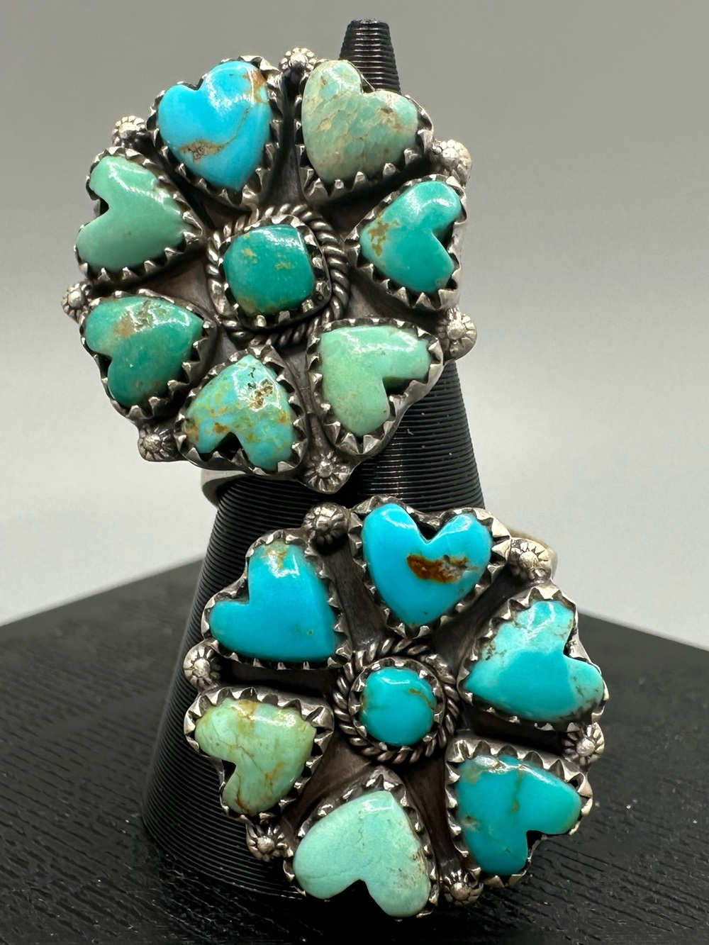 Turquoise Sterling Silver 925 Bypass Floater Double Cluster Ring Handmade Matte